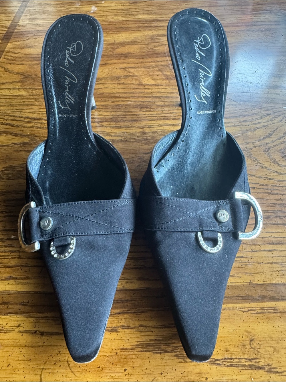 Pedro Miralles Black Satin Pointed Toe Mule Heels size EU 39/US8.5 made in Spain